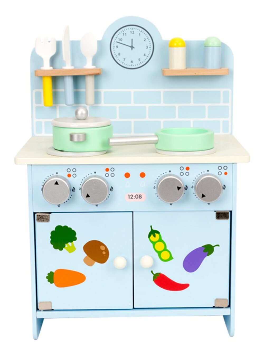 Blue Wooden Play Kitchen Set for Kids, Montessori Pretend Cooking Toy - Picture 5 of 8